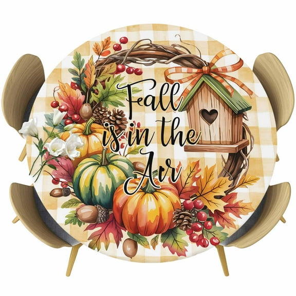 Fall Pumpkin Round Tablecloth 55-60 Inch Round Fitted Table Cloth with Elastic Edge, Orange Check Maple CabinBotanical Waterproof Table Cover Protector for Outdoor Picnic Party Dining