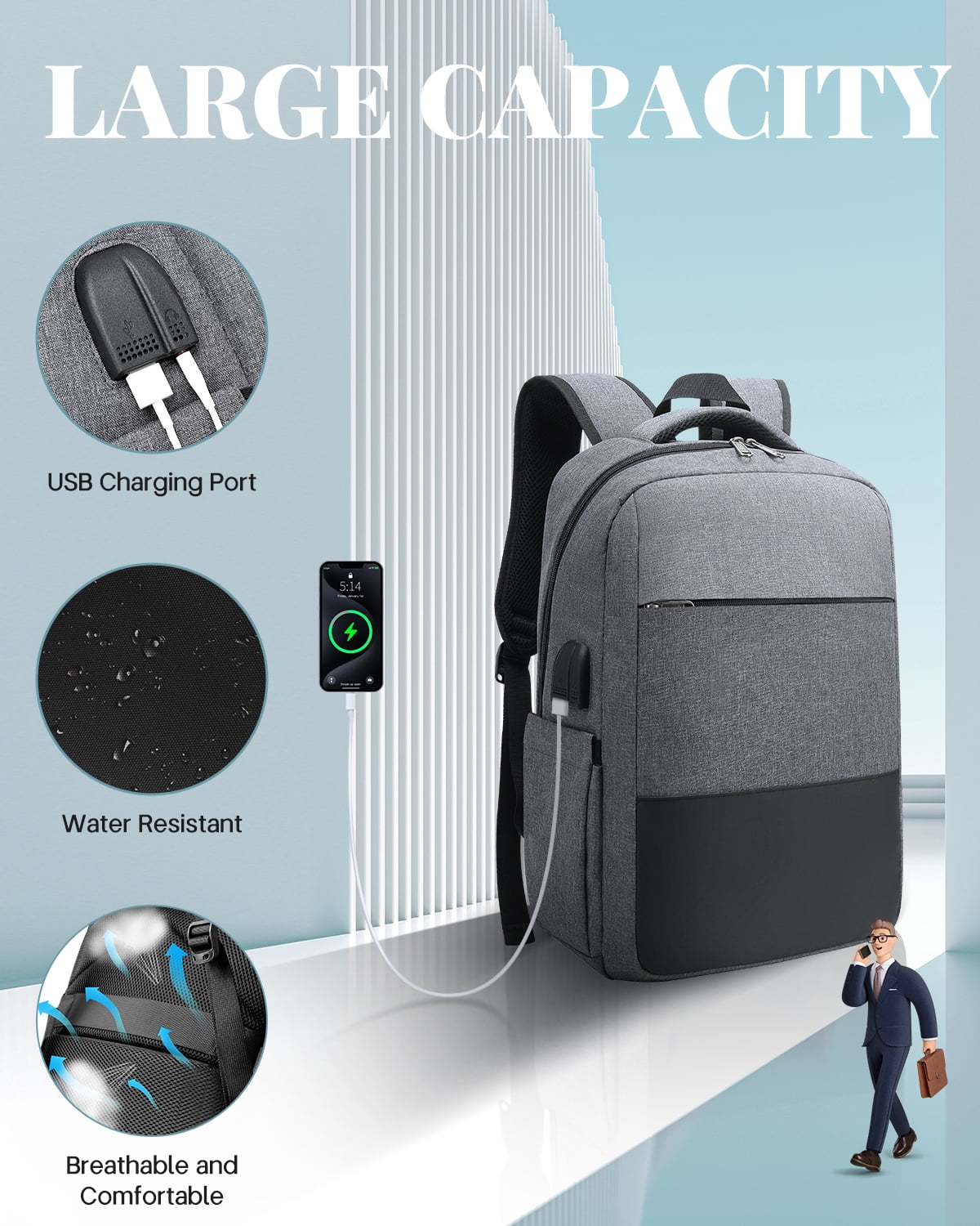 Travel Backpack with USB Port, Laptop Carry On Backpack, Waterproof Casual Daypack Computers Backpacks  for Women Men Weekender Trips, Business, School & Hiking, Gray