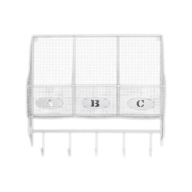 Metal Wall Shelf With 3 Lettered Shelves And 5 Hooks White