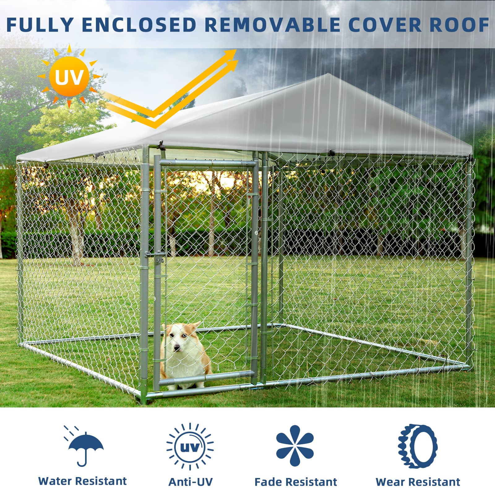 Outdoor Large Dog Kennel, Heavy Duty Dog Cage Pet House Galvanized Steel Fence Dog Playpen Puppy Exercise Pen Dog Run Cage w/UV & Waterproof Cover and Secure Lock (6.5'Lx6.5'Wx5.2'H)