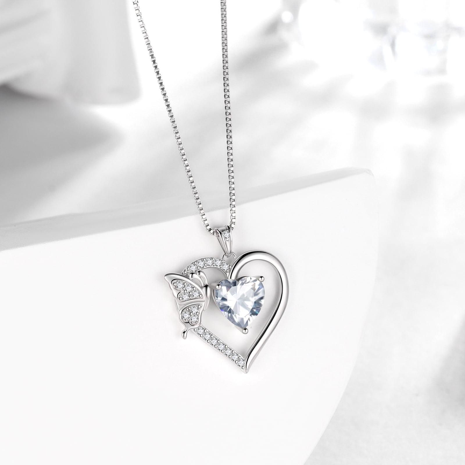 White Heart Necklace Butterfly April Birthstone Necklace Diamond Crystal 925 Sterling Silver Pendant Jewelry Women Birthday Valentine's Day Gift