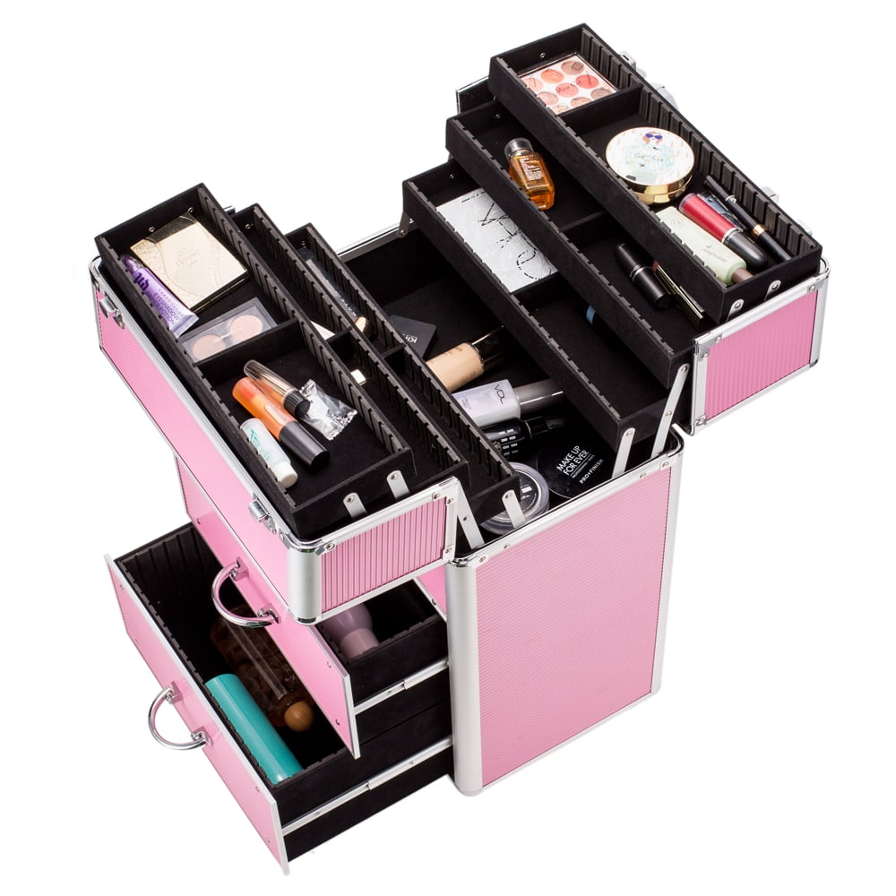 4 Tier Lockable Cosmetic Makeup Train Case with Extendable Trays, Pink