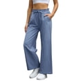 thumbnail image 2 of GymChoice Womens Cotton Linen Pants High Waisted Wide Leg Drawstring Casual Loose Trousers with Pockets Blue, 2 of 9