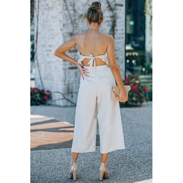 ABPHQTO Mono de mujer de pierna ancha sin tirantes con volantes beige