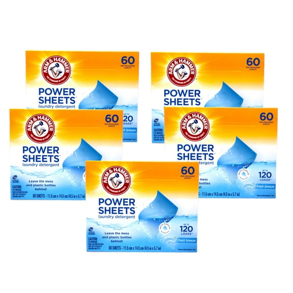 5 Pack - ARM & HAMMER Power Sheets Laundry Detergent, Fresh Breeze 60 ct, up to 120 small loads