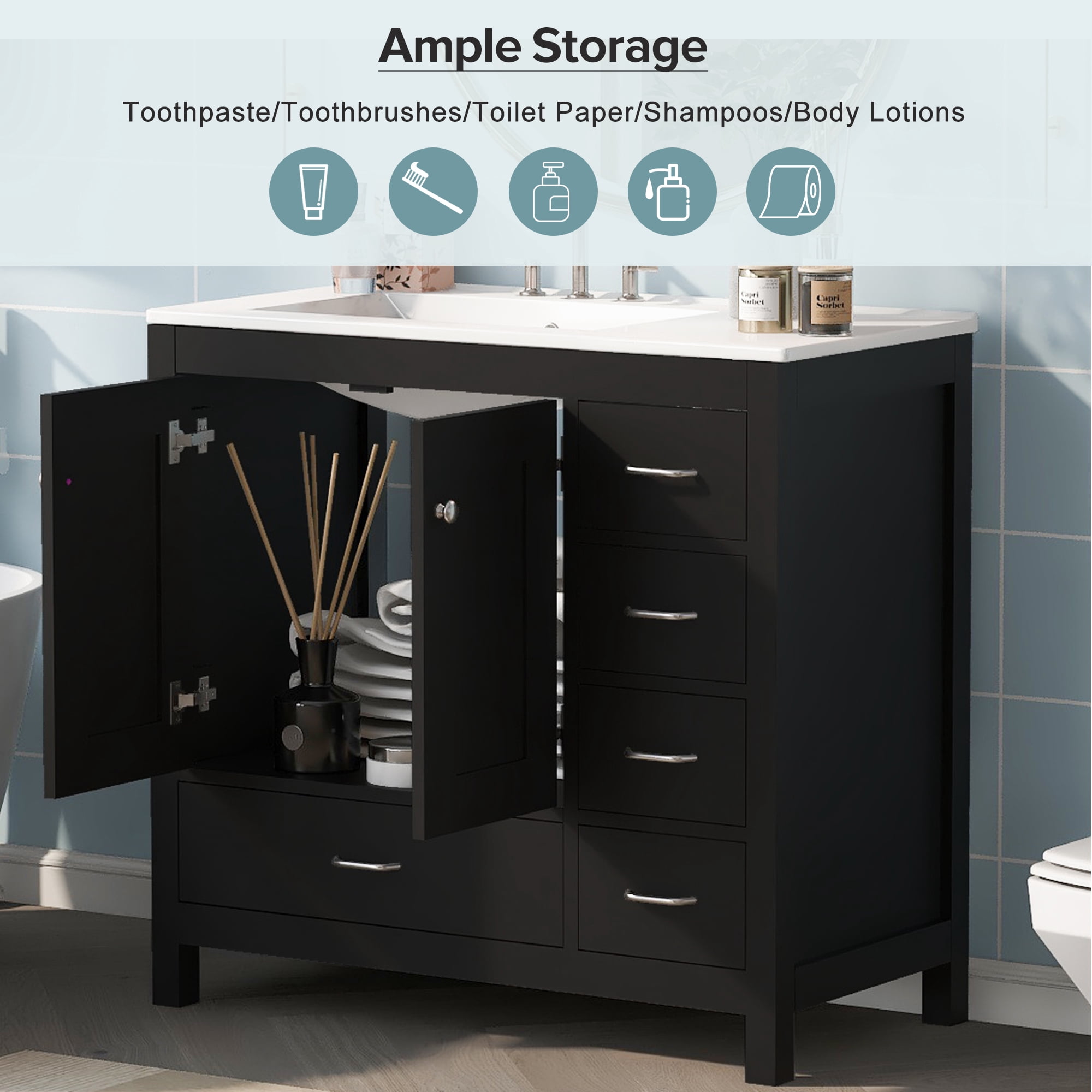Euroco 36" Black Bathroom Vanity with Ceramic Sink Combo, Abundant Storage Cabinet -2 Soft close doors and 5 drawers