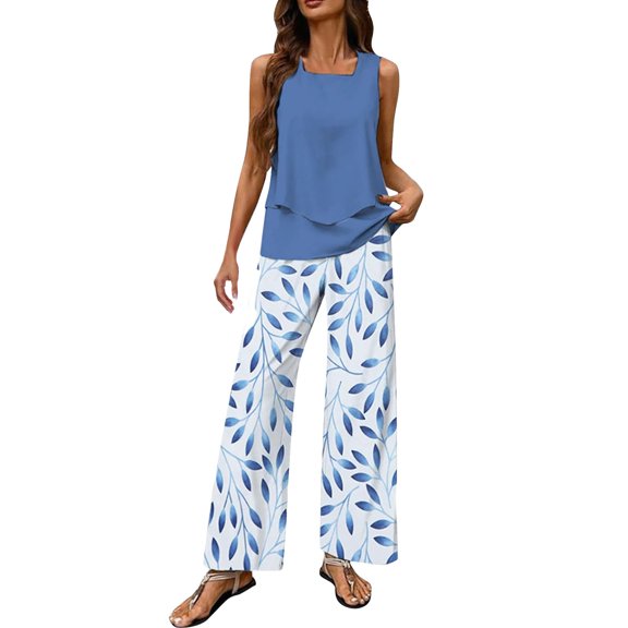 BLOCLOALO 2 Piece Lounge Set Sleeveless Tops Summer Outfits Sleeveless Sets Square Neck Tops Wide Leg Crop Pants Vacation Outfits Tunic Tops Lightweight Lounge Sets Womens Lounge Outfit Blue L