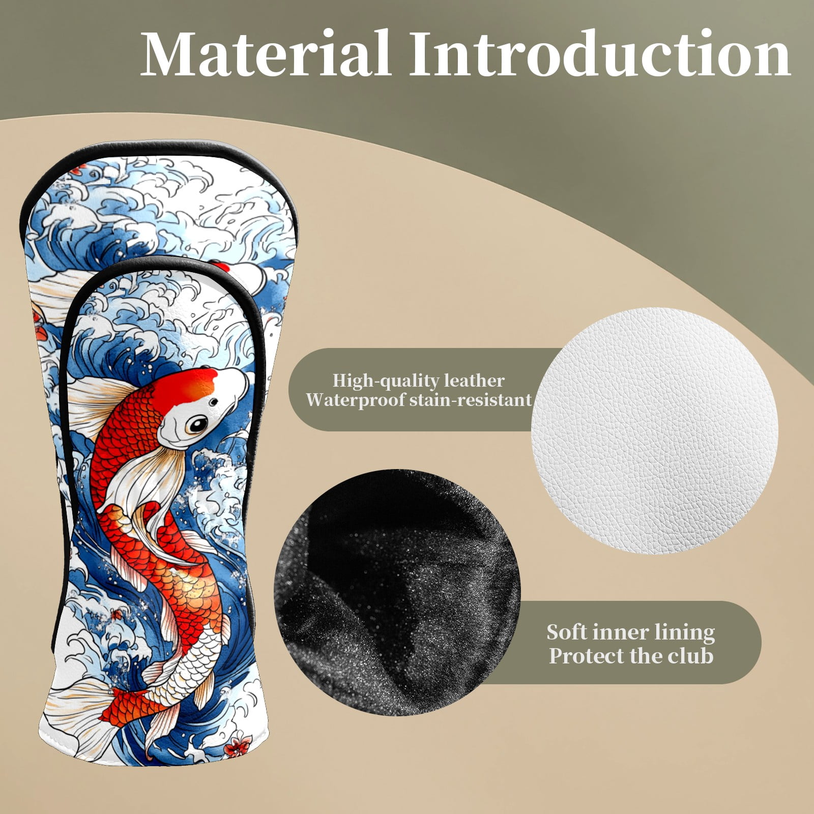 Golf Club Head Covers Koi Fish Blue Waves Premium Plush Velvet Lining, Waterproof Golf Headcovers Driver & Fairway Woods for Scratch Protection Novelty Gift for Men & Women