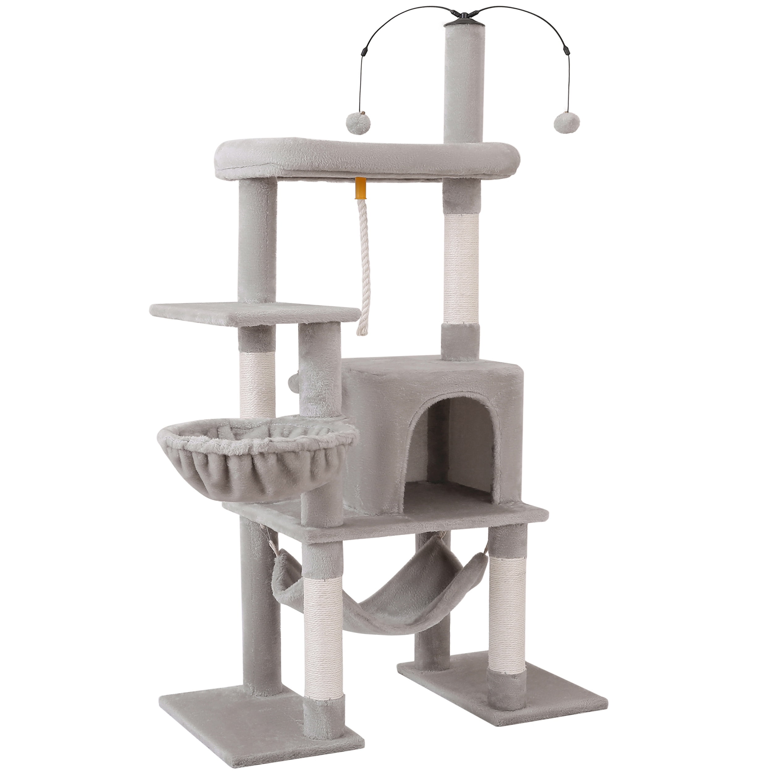 Vibrant Life 58.5 Inch Multi-Level Cat Tree Tower with Dangling Ball and Double Base, Light Gray