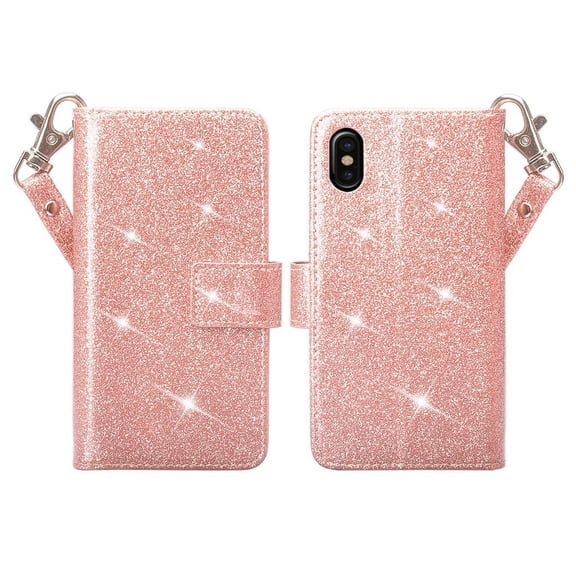 Apple iPhone X Case, iPhone X Wallet Cover, SOGA [Glitter Wallet Series] Shinny PU Leather Magnetic Flip Design Wallet Case for Apple iPhone X Card Slot - Rose Gold Glitter