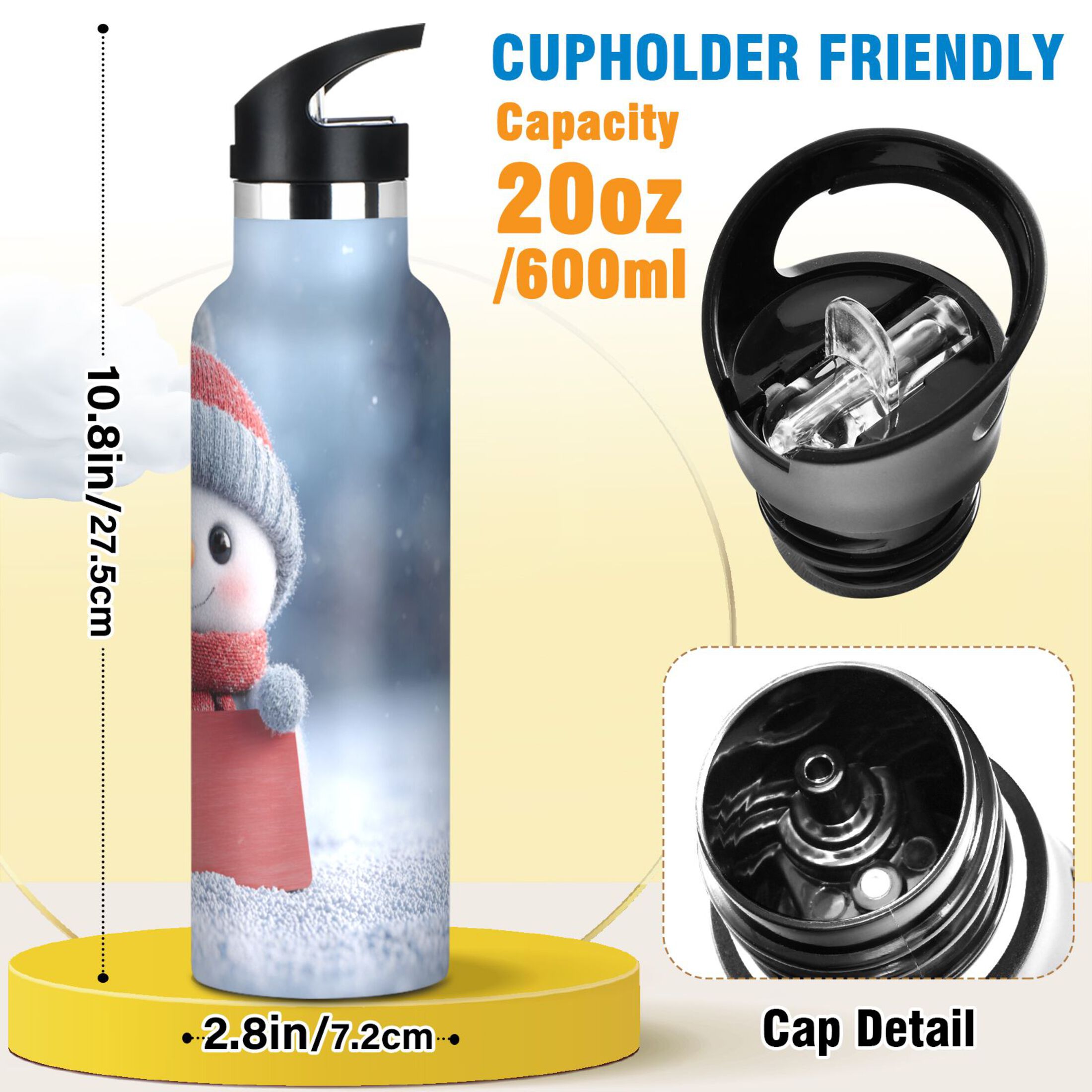600ML Stainless Steel Insulated Cup Sports Water Bottle Portable Thermos Cup Water Glasses Insulated Tumblers Convenient and Durable Snowman Cute