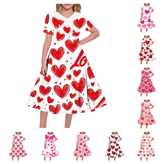 Afuyipoi Girls Heart Peinted Dress,V-Neck Elastic Waist Short Sleeve Festival Dresses White 9-10