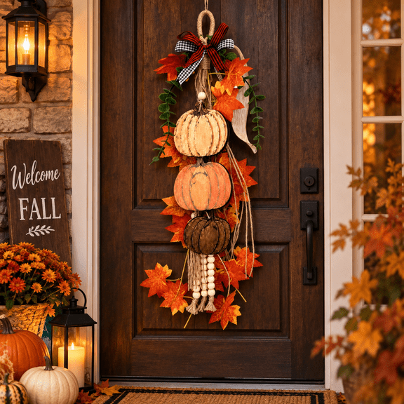 Zydvens Farmhouse Fall LED Wooden Pumpkin Wall Decor - 22.8in Pre-Lit Harvest Door Hanger with Plaid Bow Eucalyptus String Lights for Home Porch Mantel