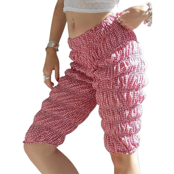 Women's Smocked Ruched Capri Pants Y2K Tiered Ruffle Bloomers Stretchy Low Waist Cropped Shorts Lounge Bottoms