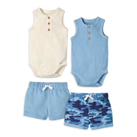 

Modern Moments by Gerber Baby Boy Ribbed Henley Bodysuits and Shorts Outfit Sets 4-Piece 0/3 -24 Months