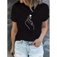 thumbnail image 1 of Finger Heart Print T-Shirt, Short Sleeve Crew Neck Casual Top For Summer & Spring, Women's Clothing, 1 of 6