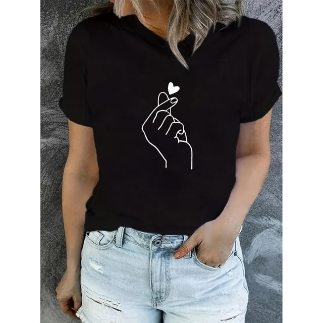Finger Heart Print T-Shirt, Short Sleeve Crew Neck Casual Top For Summer & Spring, Women's Clothing