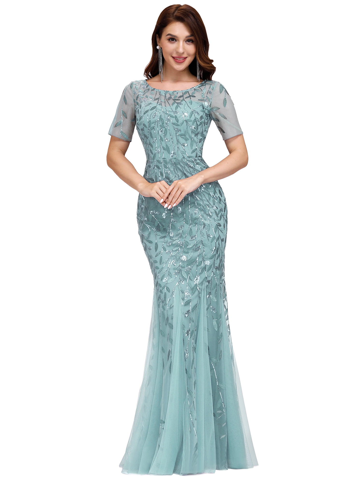 Ever-Pretty Women't Elagant Short Sleeve Long Mermaid Sequin Tulle Prom Evening Dresses EZ07707 