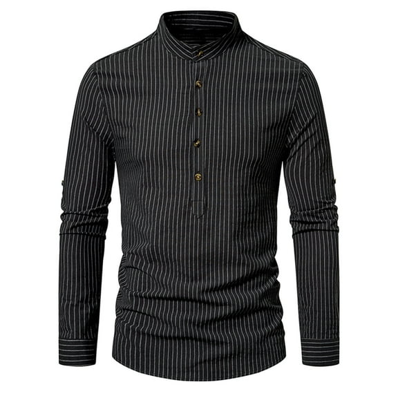 Iugvhana Men's Half Button Up Pullover Shirt Slim Fit Casual Stripe Shirts Long Sleeve Stand Collar Tops Blouse Shirt Black XXL