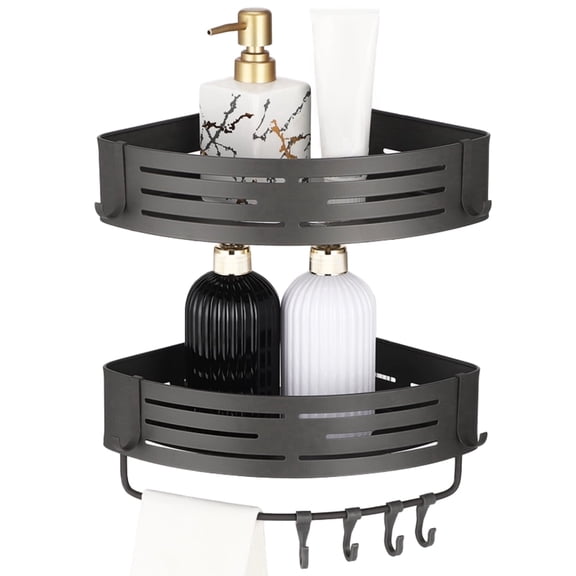 2 Pack Wall Mount Corner Shower Caddy – No-Drilling Aluminum Organizer, Gray Triangular Bathroom Shelf with Towel Bar & Hooks, Rustproof Space-Saving for Shower & Kitchen