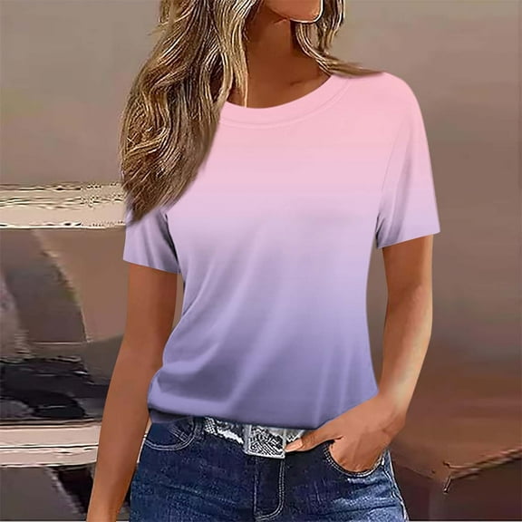 Womens Tops Plus Size under $10 Short Sleeved Round Neck Gradient Printed Casual T-shirt Pink XXL