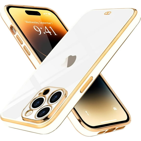 for iPhone 14 Pro Max Case Cute Clear Luxury Plating Bumper Slim Fit Shockproof Camera Lens Protection Soft TPU Silicone Electroplated Phone Case Cover for iPhone 14 Pro Max 6.7 inch, White