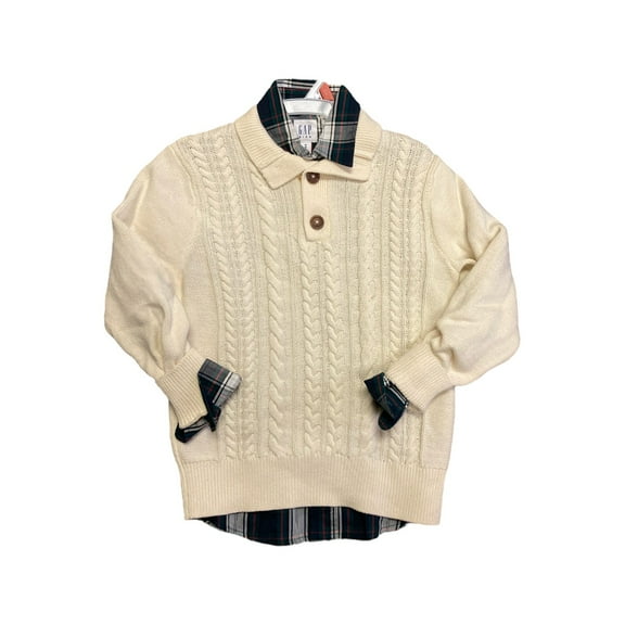 GAP Kids Boy's Cable Knit Sweater and Woven Long Sleeve Button Up Sweater Set (Green/Navy, S (6/7))