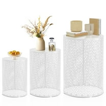 Ktaxon 3 Piece Metal Stacking Side Table Set for Patio Indoor Outdoor Nesting End Tables Clover Design, 12/14/16 Inch, White