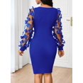 thumbnail image 2 of Royal Blue Floral Mesh Sleeve Ruched V-Neck Fitted Midi Dress For Women, 2 of 8