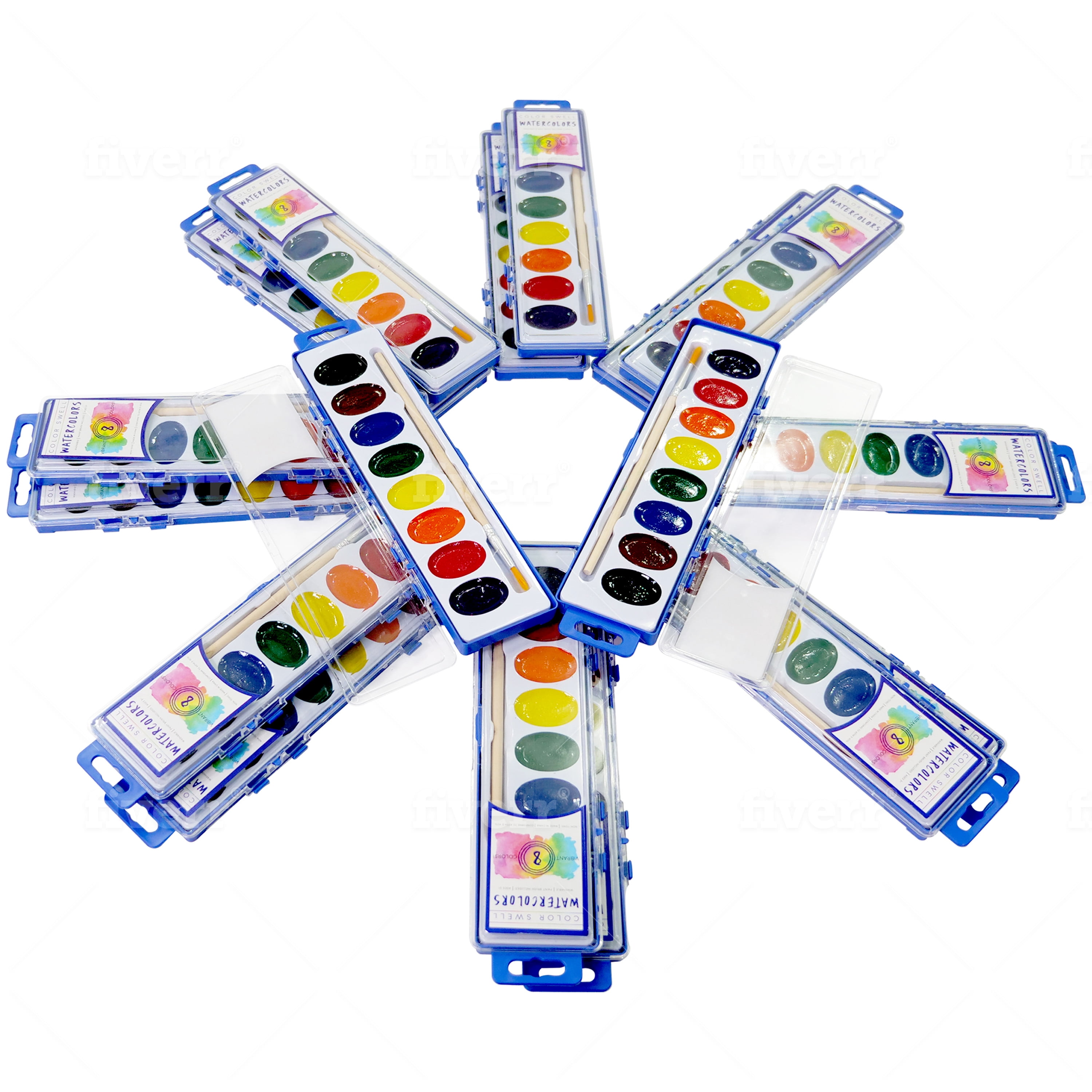 Color Swell Bulk Watercolor Paint Packs and Quality Wood Brushes, 18 Palettes, 8 Washable Colors per Palettes