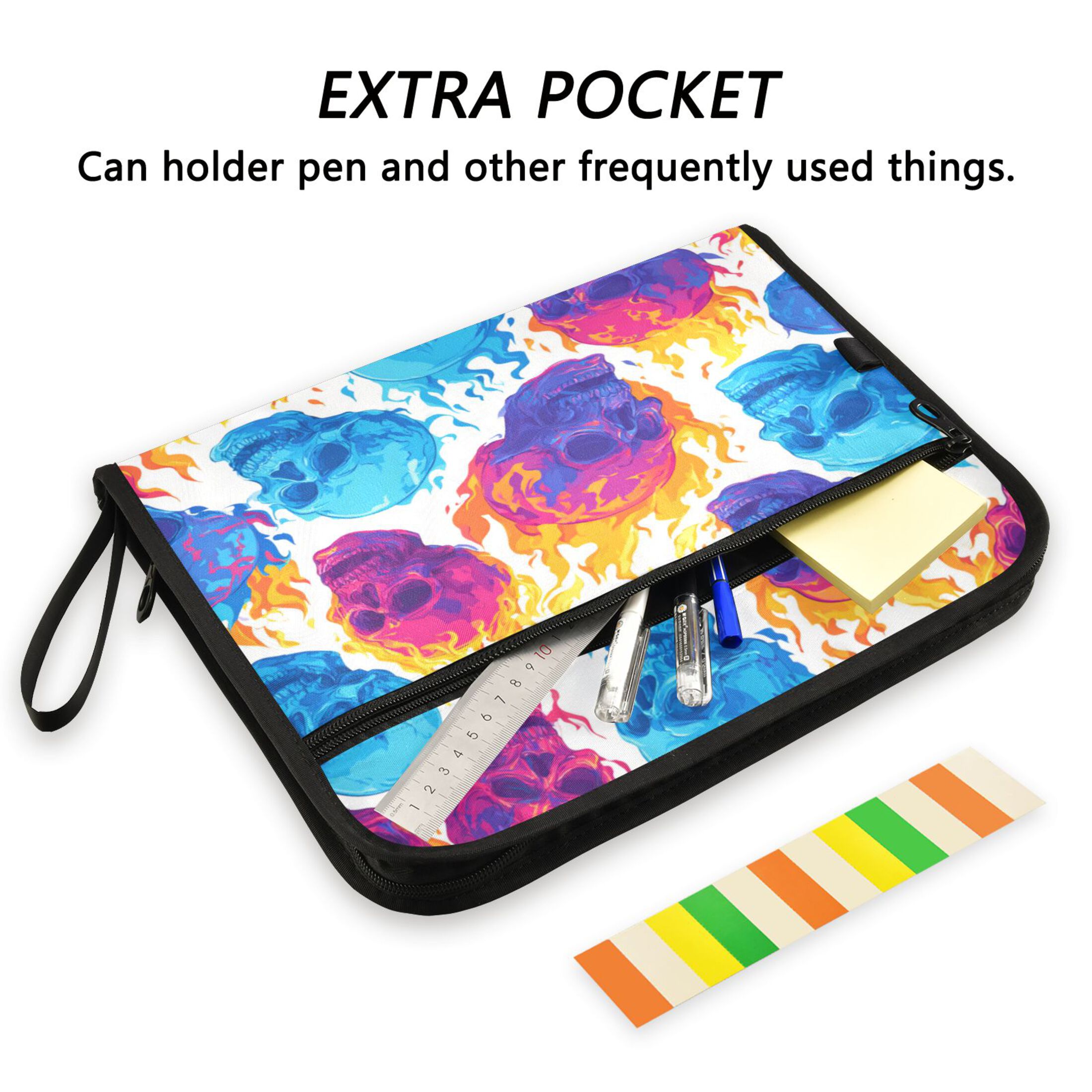 13 Individual Pockets Organ Folder Waterproof A4 Size File Folder Home Work Office Categorized Storage File Manager Colorful Skulls with Flames