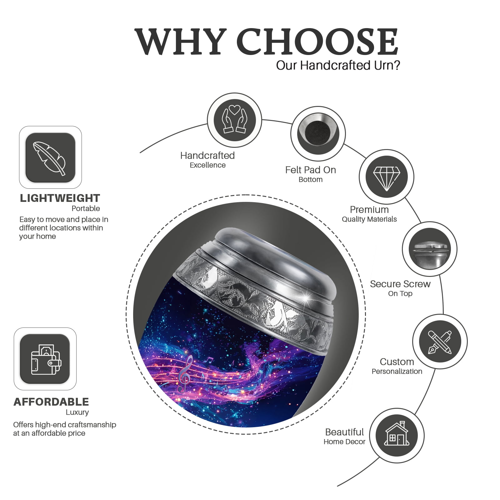 KARYLIZ Musical Night Sky Urns for Human Ashes Adult Man - Purple Cremation Urn for Women - Ash Keepsakes Funeral for Ashes Adult Male & Female - Musical Notes Decorative Ash Holders (Size - 3inch)