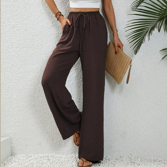 Mefallenssiah Women'S Spring Solid Color Elastic Waist Straight Tube Casual Wide Leg Pants