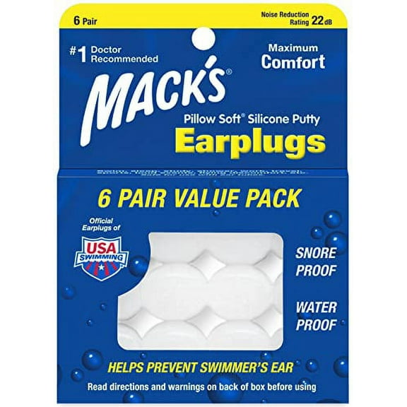 Mack's Pillow Soft Silicone Earplugs - 6 Pair, Value Pack â€“ The Original Moldable Silicone Putty Ear Plugs for Sleeping, Snoring, Swimming, Travel, Concerts and Studying
