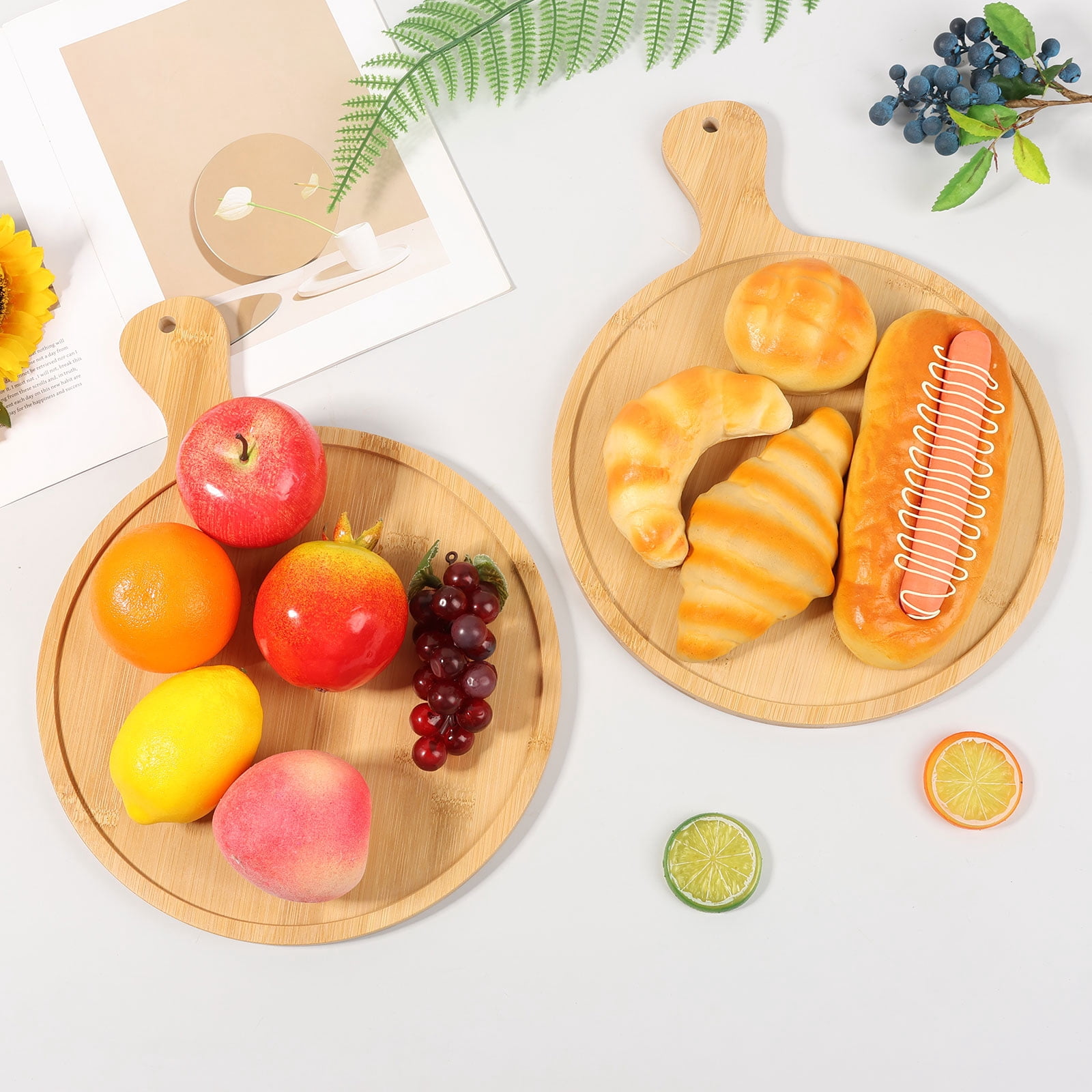 2Pcs Pizza Board with Handle Bamboo Round Cutting Board for Kitchen Pizza&nbsp;Cheese Baking Bread&nbsp;Steak Fruit Dinner Serving Tray for Daily Gathering Wedding Baby Shower