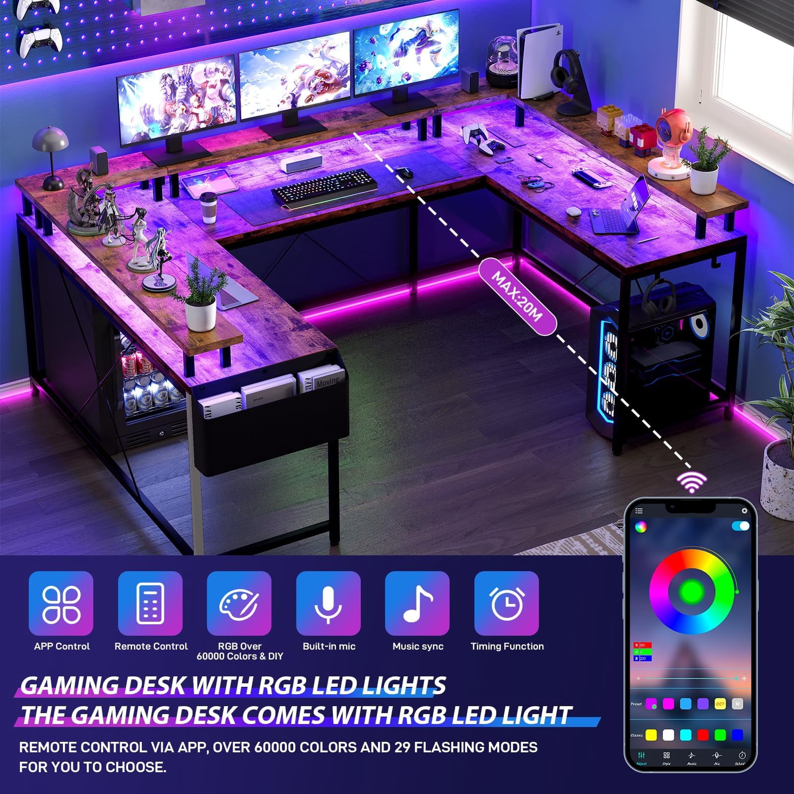 Luku U Shaped Home Office Desk, Reversible L Shaped Gaming Computer Desk with Power Outlets,126 Inch Computer Desk with Monitor Stand and LED Lights,Storage Shelves,Storage Bag and Hooks