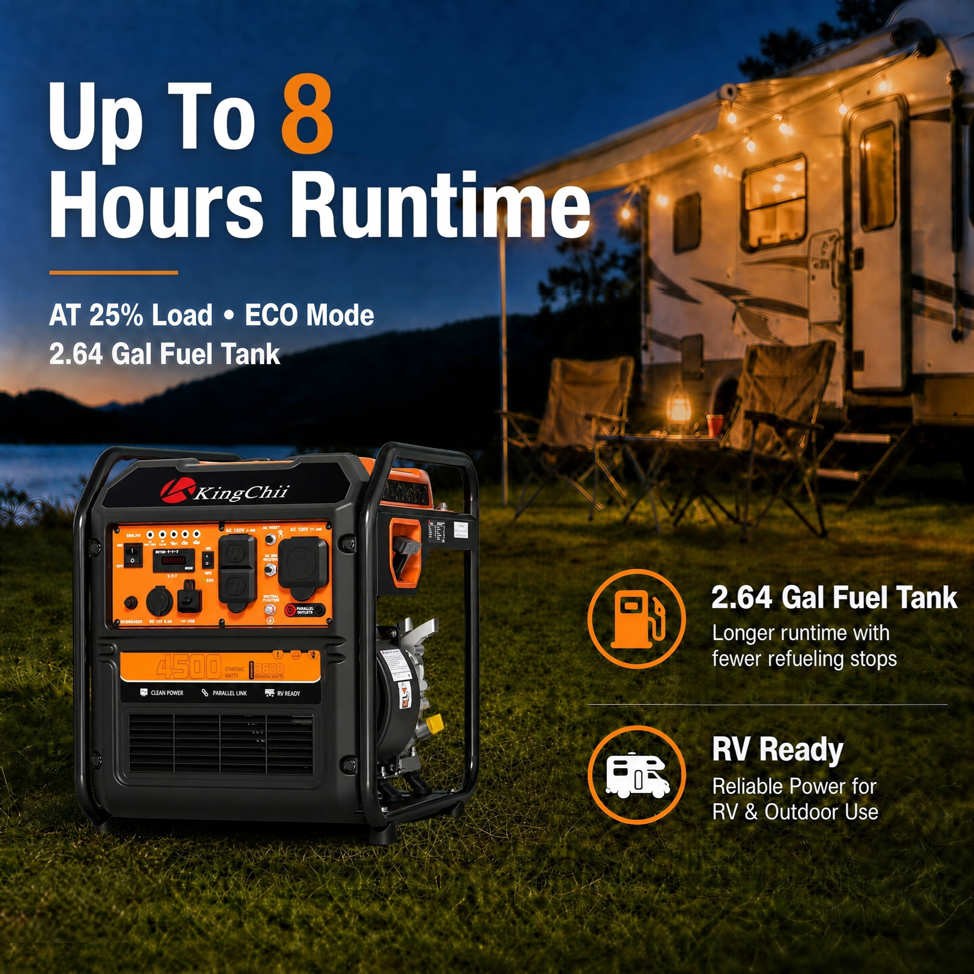 KingChii 4500W Inverter Generator Gas Powered, CO Sensor, ECO Mode, 30A RV Ready Outlet, Portable Outdoor Power Equipment for Camping & Home Backup, EPA Compliant