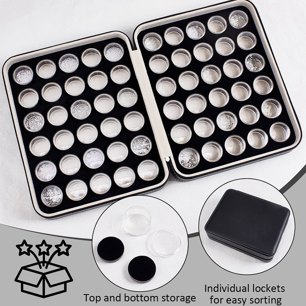 1set 60pcs 2 colors Plastic Loose Diamond Round boxes Organizer Bags for Nail Art Small Items Loose Gems Storage Black and White Black bag: 26x20.5x6.6cm round box: 32mm in diameter 30pcs/color