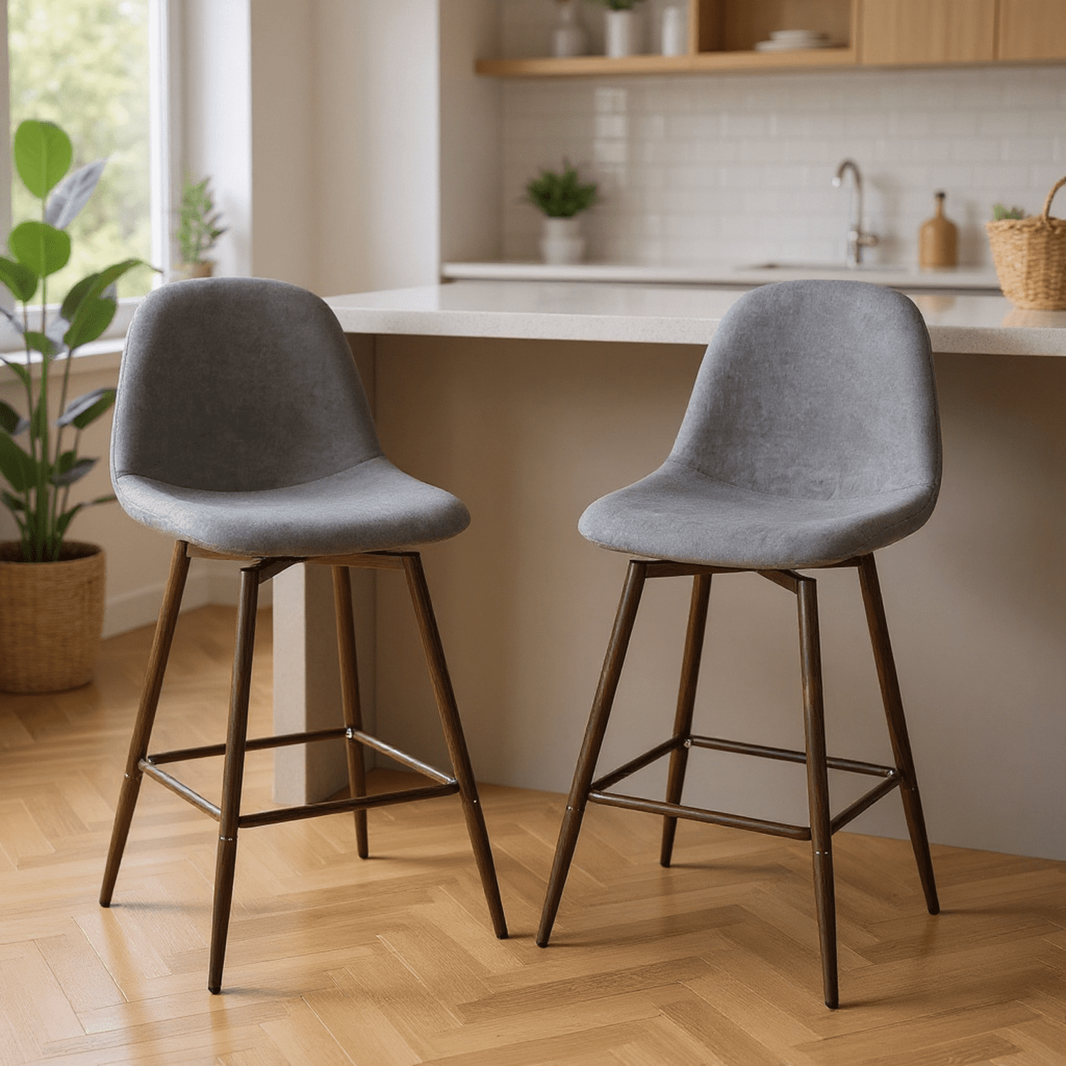 Homy Casa Set of 2 Contemporary Bar Stools, 26 in. Seat Height with Fabric Upholstery and Wooden Legs, Grey