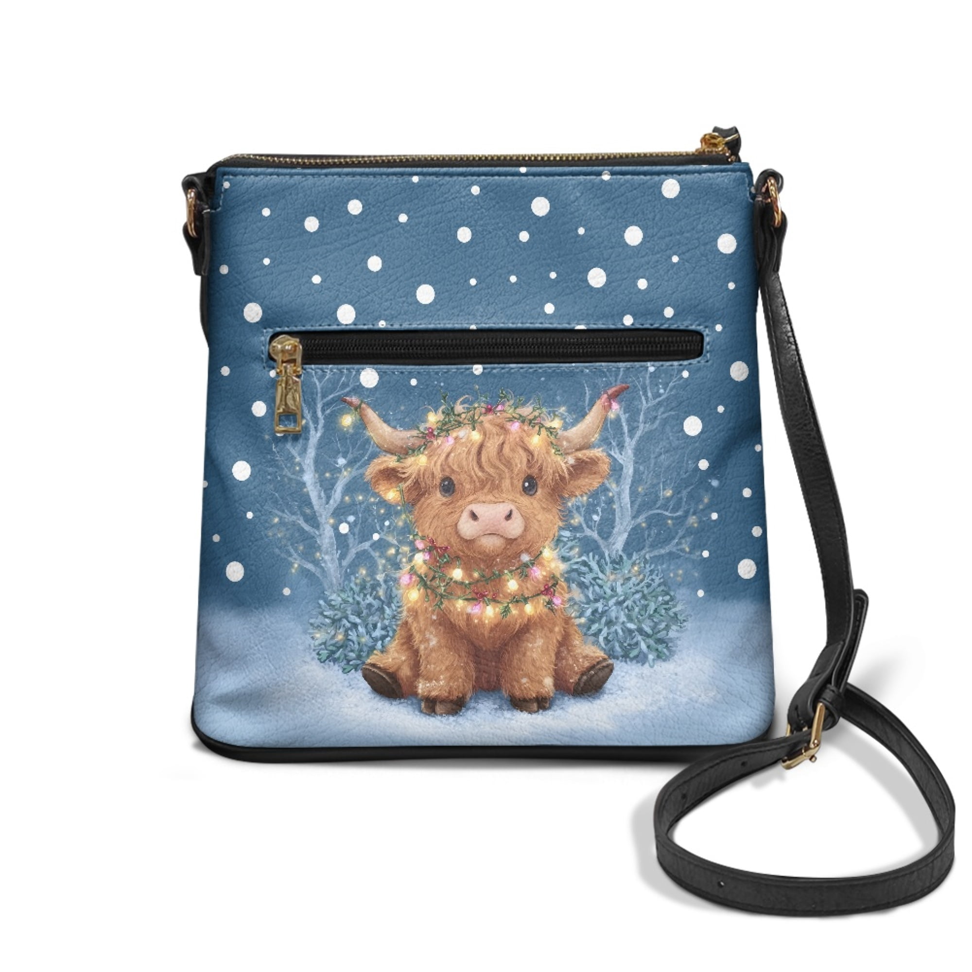Kuiaobaty Highland Cow Snowflake Print Crossbody Bag for Women Travel, Zipped Pockets Leather Shoulder Purse Crossbody with Adjustable Strap, Waterproof Messenger Handbag for Christmas