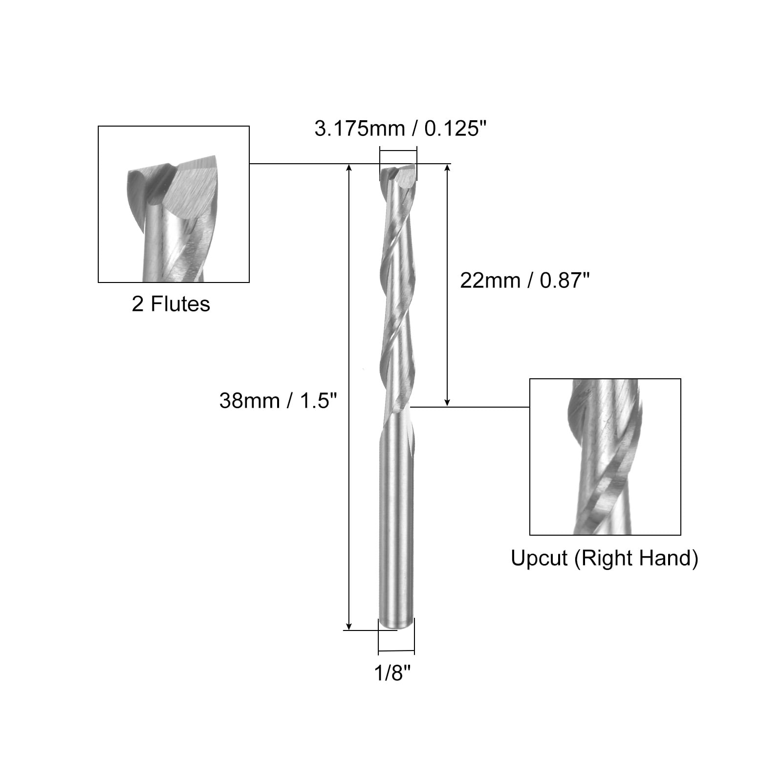 Uxcell 10 Pieces Spiral Router Bits 1/8" Shank 3.175mm x 22mm Up Cut 2 Flutes Carbide CNC End Mill Milling Bit