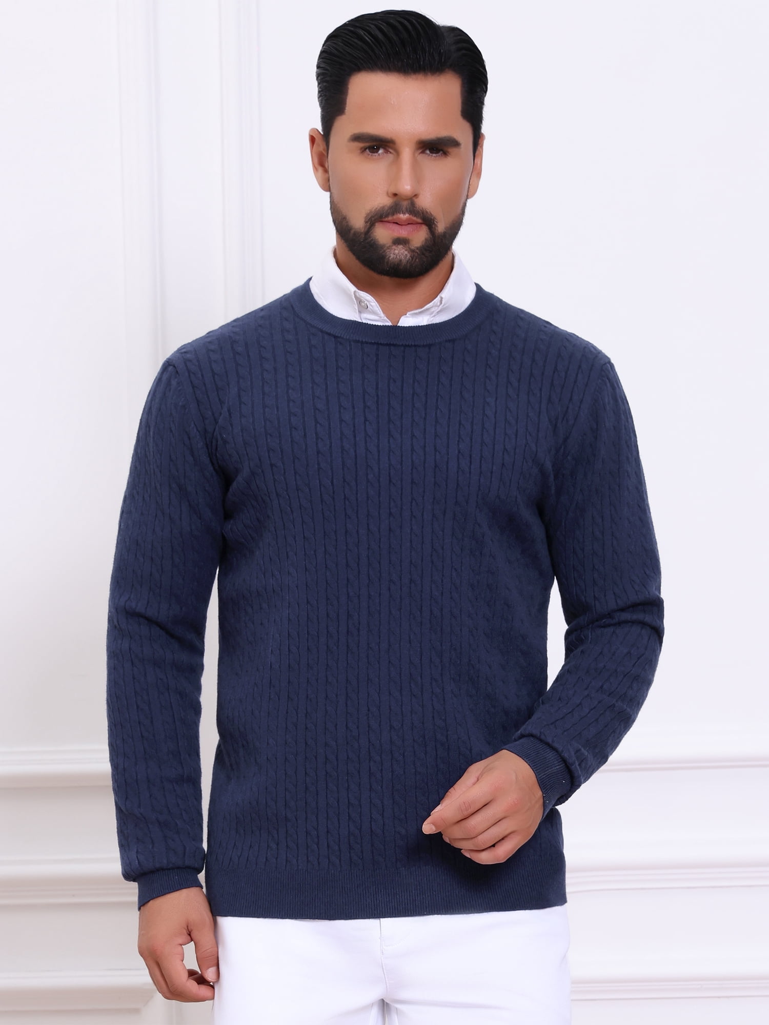 DARING DIVA Men's Crew Neck Long Sleeve Soft Cable Knit Pullover Sweater S Navy