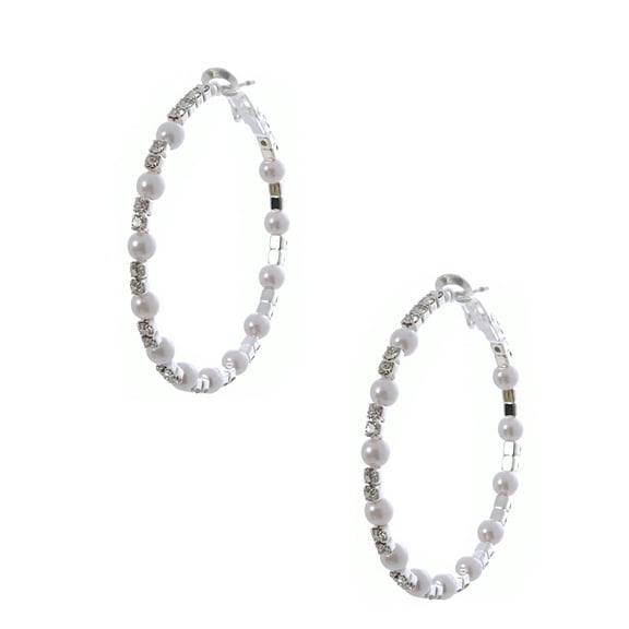 (42074-196) Fashion Earrings Silver Plating Faux Pearl Stone Hoop Earrings