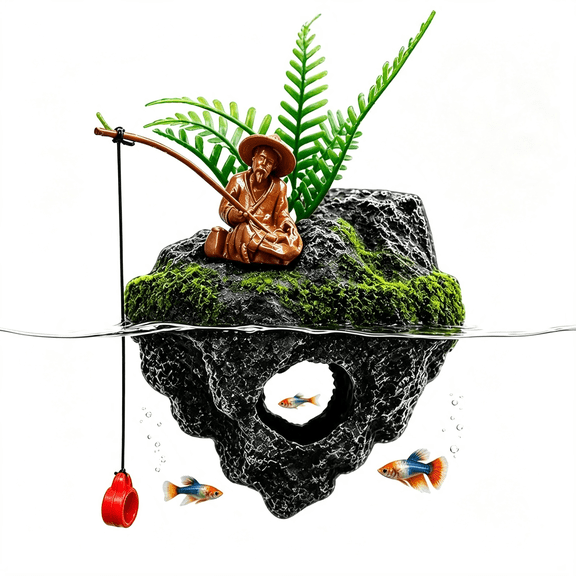 PAGEIA Resin Aquarium Floating Island Decoration, Fish Tank Floating Hiding Cave, Fisherman Decoration Accessory, Betta Fish Habitat, Suitable for Guppies, Rainbowfish and Hermit Crabs