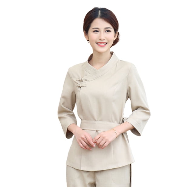 BRIGHTFUFU 1 juego de trajes de técnico de belleza SPA Salon Suit Ropa para teñir el cabello Útil traje de técnico de belleza (Beige, L)