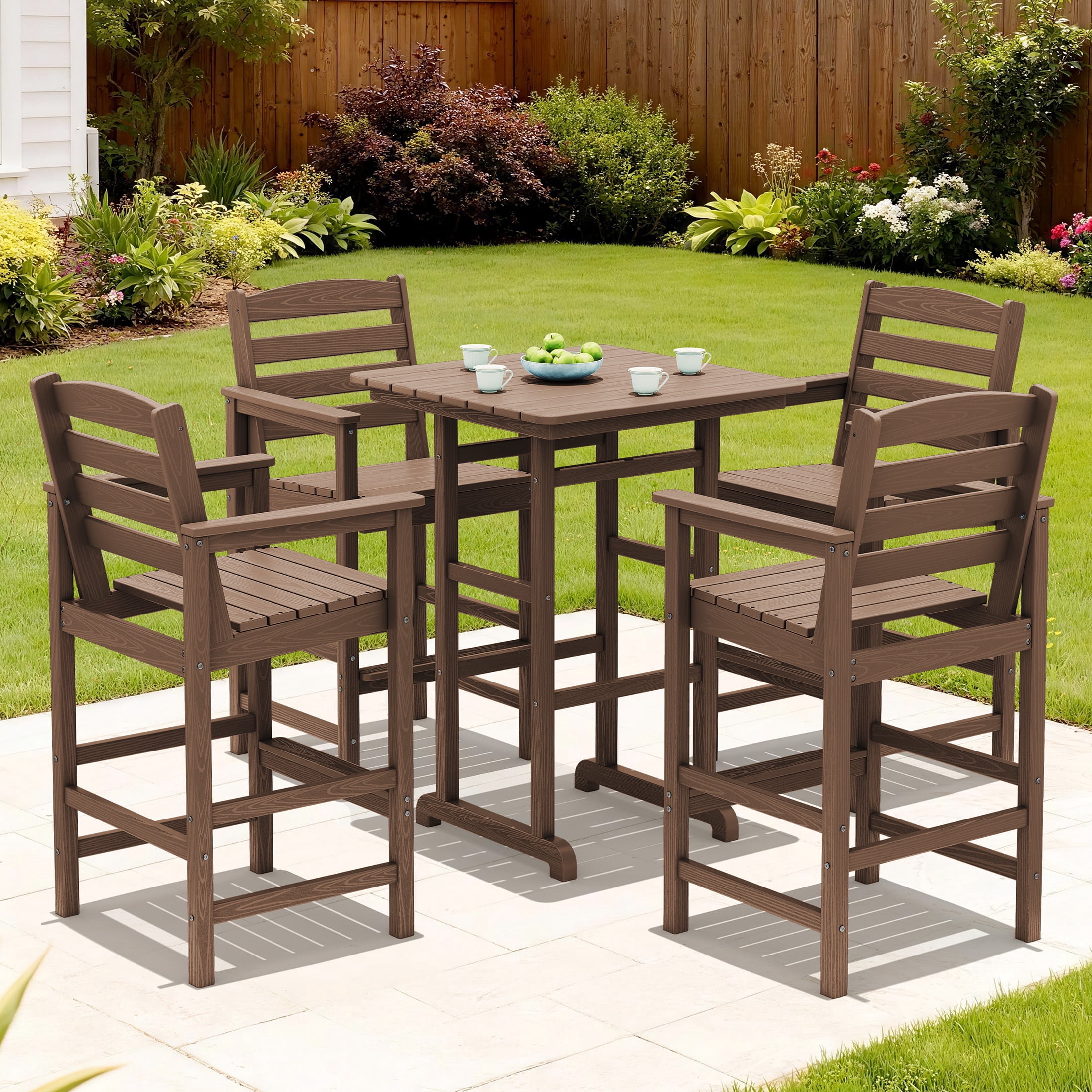 RIAFUN HDPE Outdoor Bar Set of 5 - 1 Height Bar Table & 4 Oversized Wide Seat Tall Adirondack Chairs, Weather Resistant for Patio, Poolside, Garden, Brown