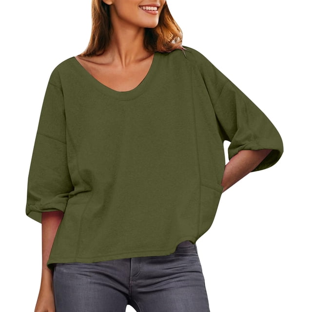 Plebaso Womens Oversized T-Shirts with Pockets Casual Short Sleeve Tee Solid Color Summer Loose Blouses