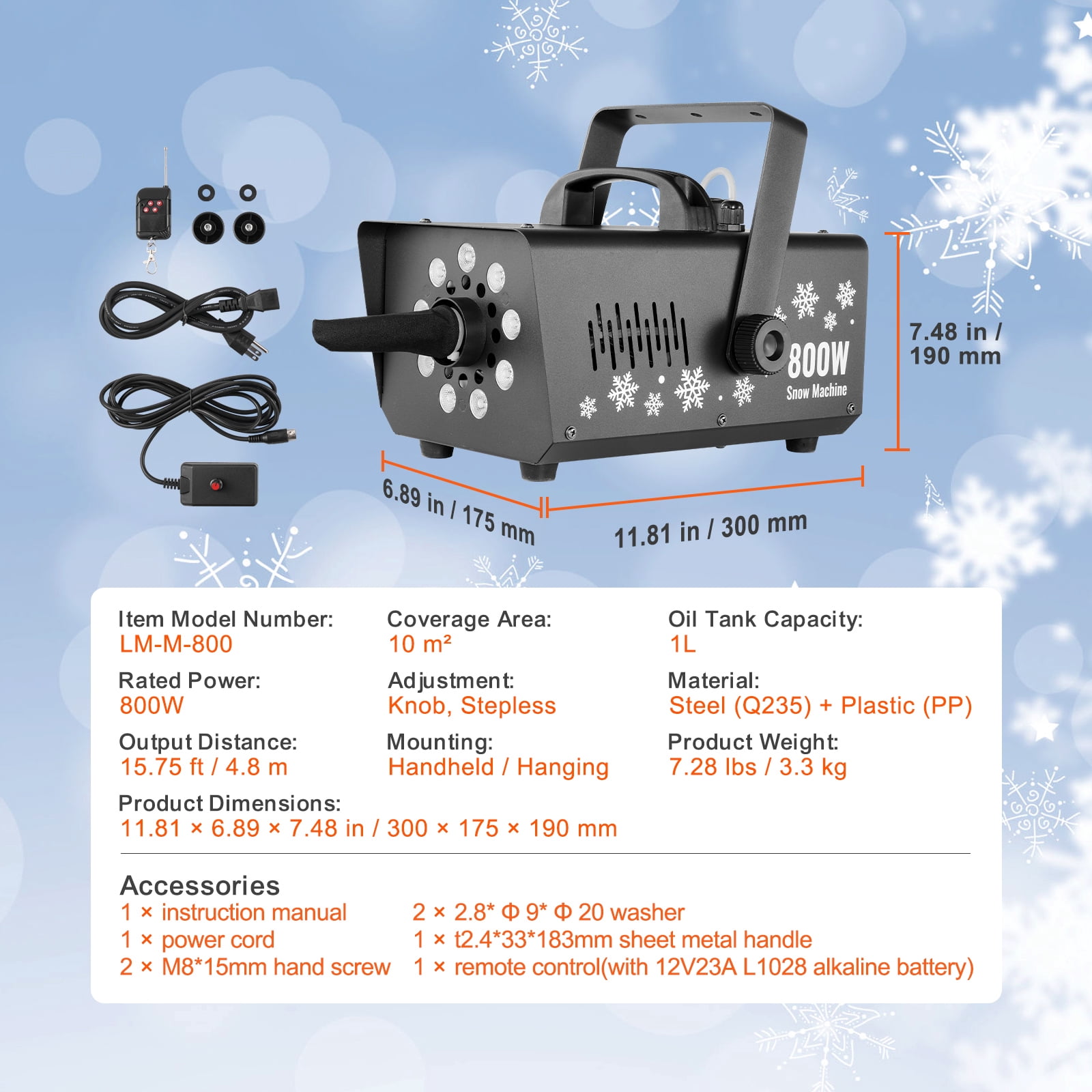 KFFKFF Snow Creator, 800W, Versatile Mounting Snow Generator with LED Illumination & 1L Capacity, Wireless Remote Snowflake Producer, Efficient Synthetic Snow Device for Holiday Gatherings, Weddings