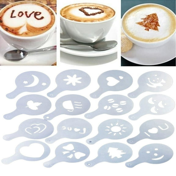 Raindrops White Plastic Coffee Decoration Stencils 16 Piece Set for Cappuccino Art with Diverse Designs