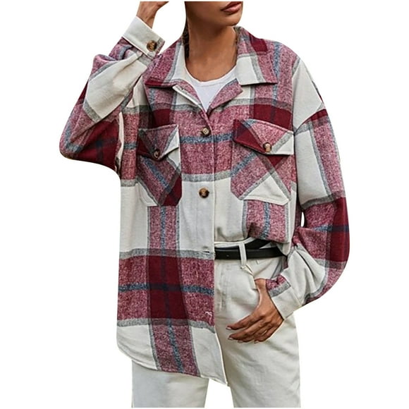jsaierl Womens Casual Flannel Wool Blend Plaid Lapel Button Down Long Sleeve Shacket Jacket Coat Winter Loose Oversize Shirts Top